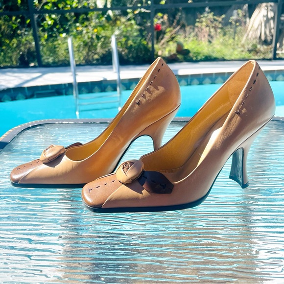 SOLD Prada Beige Brown Colorblock Leather Rosebud Embellished Square Toe Pumps - Picture 12 of 15